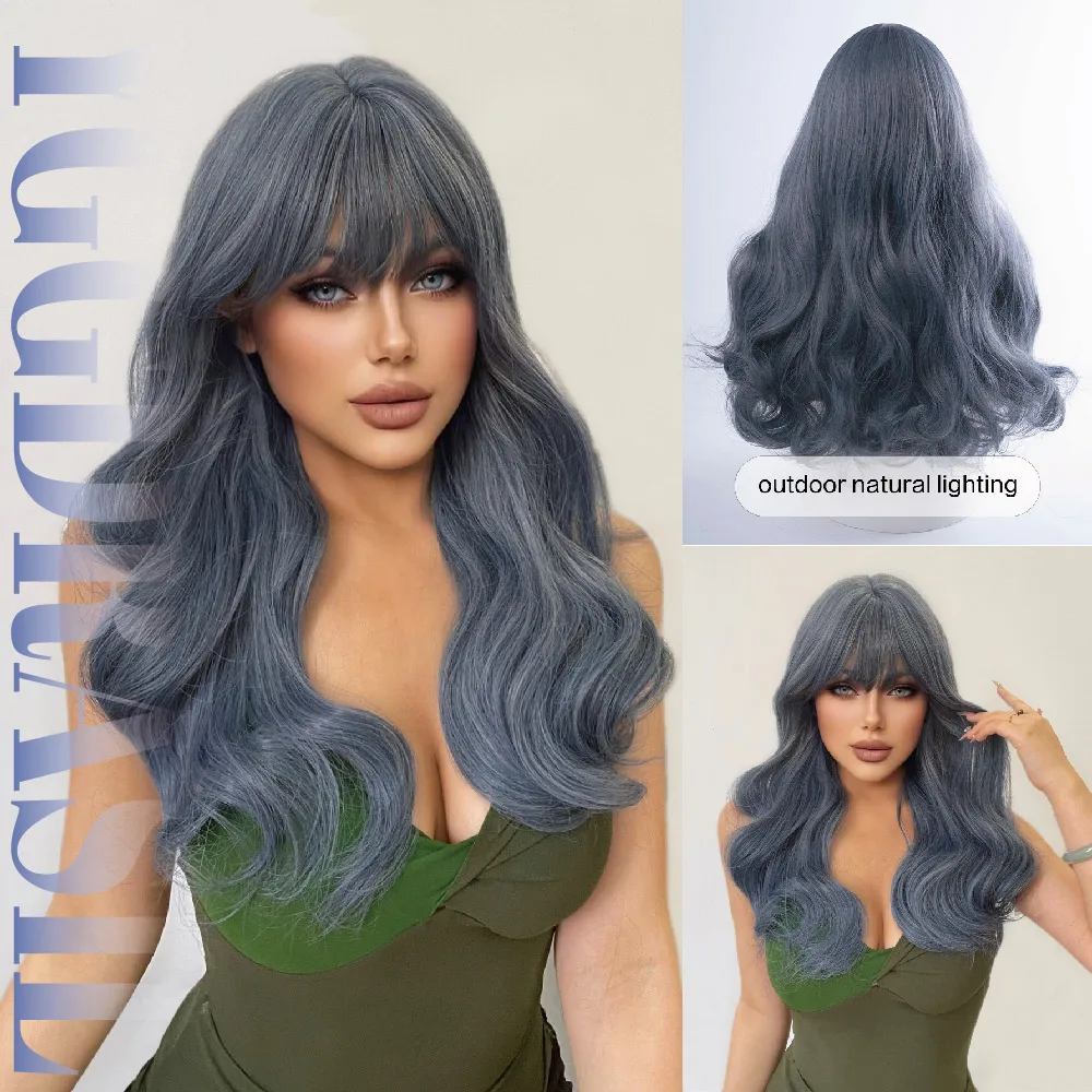 24Inch Slate Blue Magical Style Synthetic Wigs With Bangs Medium Natural Wavy Hair Wig For Women Daily Use Party Heat Resistant
24Inch Slate Blue Magical Style Synthetic Wigs With Bangs Medium Natural Wavy Hair Wig For Women Daily Use Party Heat Resistant