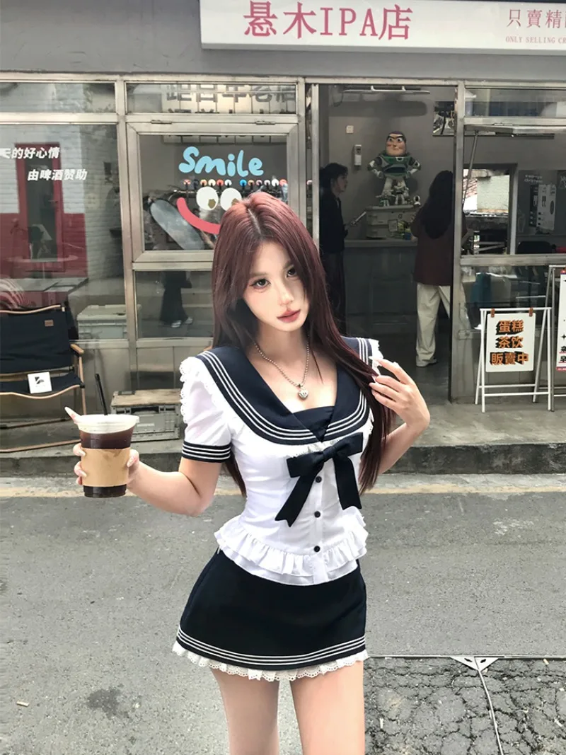 Preppy Style Suit Women's Summer Bow Short-sleeved Shirt High Waisted A-line Mini Skirt Two-piece Set Fashion Female Clothes
Preppy Style Suit Women's Summer Bow Short-sleeved Shirt High Waisted A-line Mini Skirt Two-piece Set Fashion Female Clothes