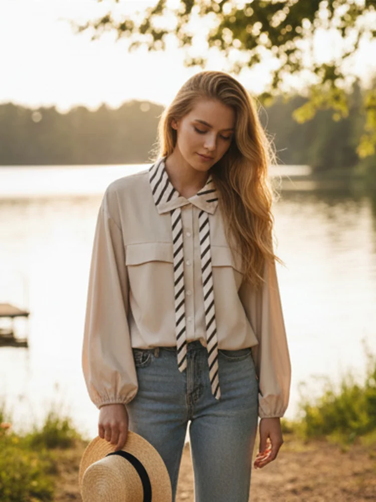 Striped Women Lace Up Shirt Casual Lapel Long Sleeve Single-breasted Pocket Loose Blouse Spring Lady Daily Street Top 2026
Striped Women Lace Up Shirt Casual Lapel Long Sleeve Single-breasted Pocket Loose Blouse Spring Lady Daily Street Top 2026
