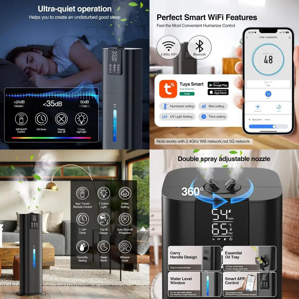 Увлажнитель воздуха для больших комнат и спален, 8 л, верхняя заливка, холодный туман, бесшумная работа, управление через приложение и пульт, 3 скорости, 360° распыление ° Распылительная насадка, идеальная
Увлажнитель воздуха для больших комнат и спален, 8 л, верхняя заливка, холодный туман, бесшумная работа, управление через приложение и пульт, 3 скорости, 360° распыление ° Распылительная насадка, идеальная