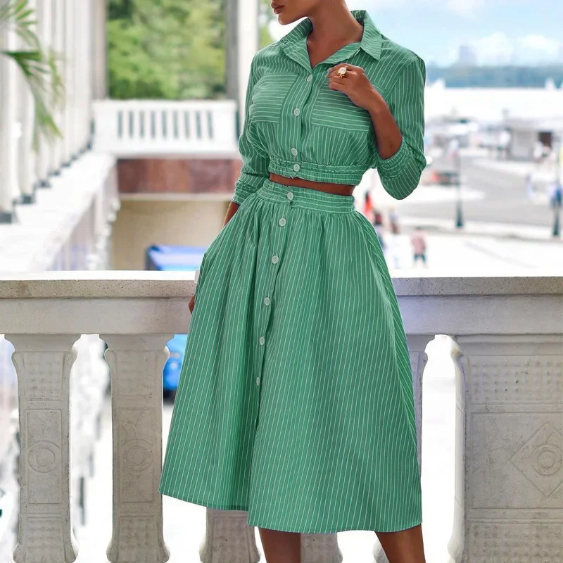 Fashion Long Sleeve Button Short High Waist Pleated Skirts Elegant Blue Stripe Turn Down Collar Single Breasted Skirt 2 Pieces
Fashion Long Sleeve Button Short High Waist Pleated Skirts Elegant Blue Stripe Turn Down Collar Single Breasted Skirt 2 Pieces