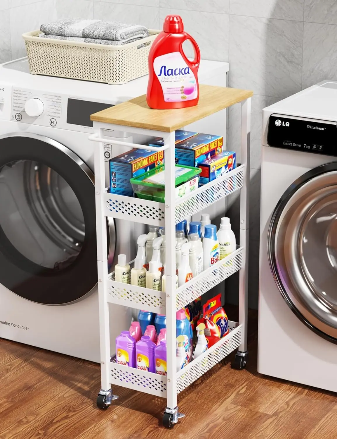 4-Tier Slim Rolling Cart with Wood Top - Narrow Storage Organizer for Kitchen, Bathroom & Laundry Room
4-Tier Slim Rolling Cart with Wood Top - Narrow Storage Organizer for Kitchen, Bathroom & Laundry Room