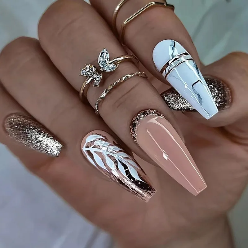 24Pcs Long Ballet Fake Nails Press on Wearable Coffin False Nails with Glue Glitter Leaves Design Full Cover Nail Tips Manicure
24Pcs Long Ballet Fake Nails Press on Wearable Coffin False Nails with Glue Glitter Leaves Design Full Cover Nail Tips Manicure