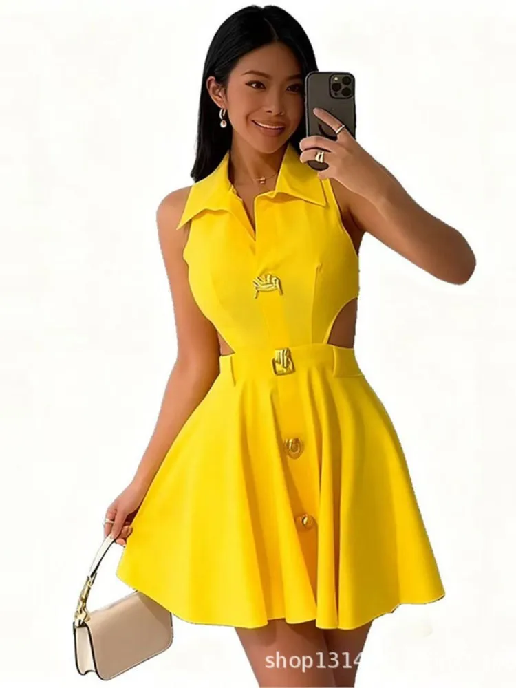 Summer Solid High Waist Pleated Mini Dresses Office Lady Lapel Button A-line Dress Sexy Hollow Out Sleeveless Slim Short Dress
Summer Solid High Waist Pleated Mini Dresses Office Lady Lapel Button A-line Dress Sexy Hollow Out Sleeveless Slim Short Dress