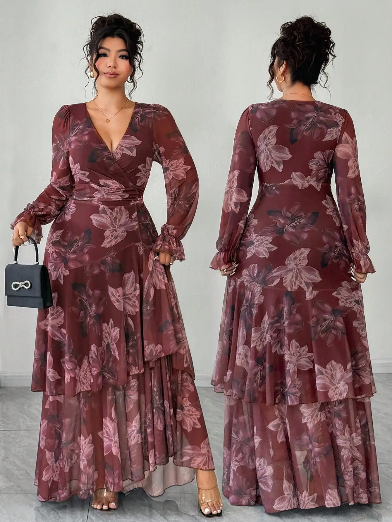 Plus Size Floral Print Wrap Dress with Ruffle Hem and Long Sleeves
Plus Size Floral Print Wrap Dress with Ruffle Hem and Long Sleeves