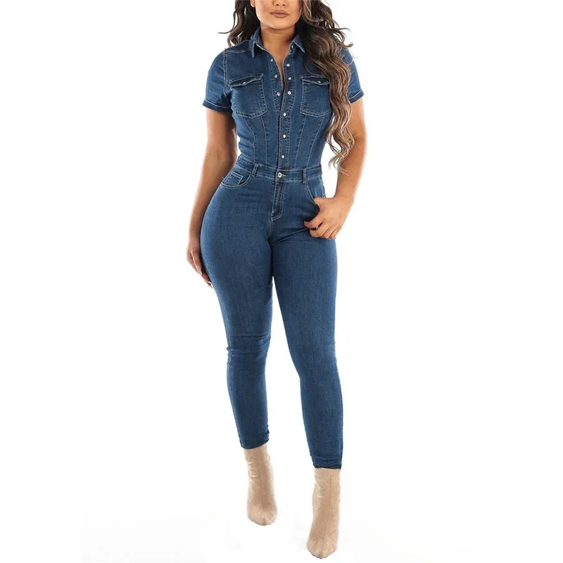 Summer Button Half-open Denim Jumpsuit Women's Lapel Short Sleeve One-piece Jackets Female Casual Slim Fit Rompers Pencil Jeans
Summer Button Half-open Denim Jumpsuit Women's Lapel Short Sleeve One-piece Jackets Female Casual Slim Fit Rompers Pencil Jeans