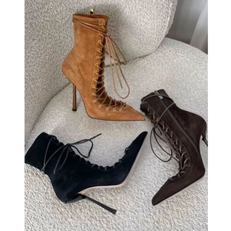 Brown Pointed Toe Hollow Cross-Strap Stiletto Boots Woman Winter 2026 Black Mesh Side Zip Short Summer Boots Fashion Shoes
Brown Pointed Toe Hollow Cross-Strap Stiletto Boots Woman Winter 2026 Black Mesh Side Zip Short Summer Boots Fashion Shoes