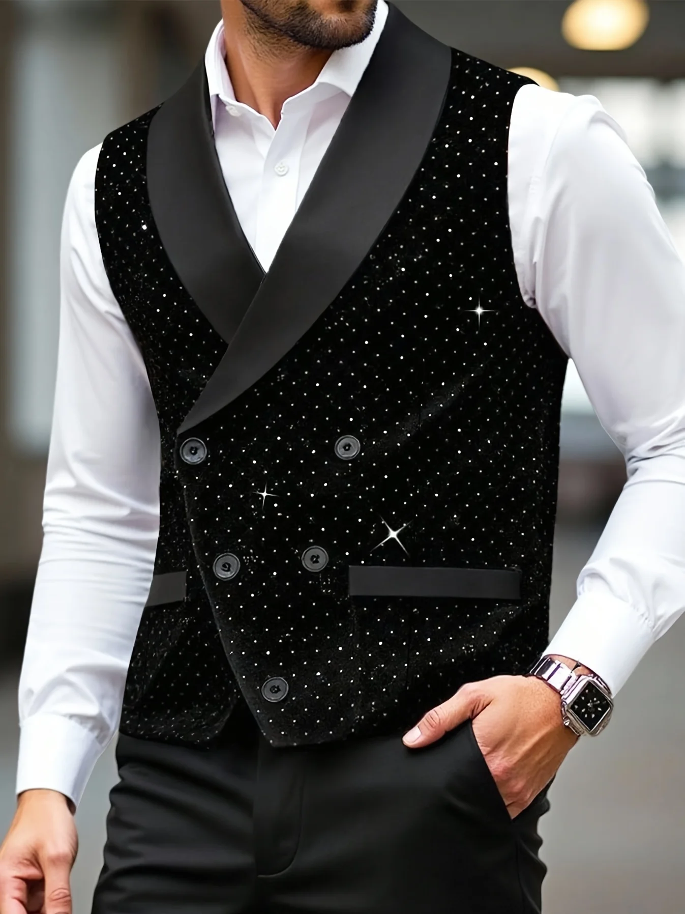 2026 Men's Shiny Double Breasted Waistcoat Shawl Lapel Slim Fit Vest for Wedding Party Stage Performance
2026 Men's Shiny Double Breasted Waistcoat Shawl Lapel Slim Fit Vest for Wedding Party Stage Performance