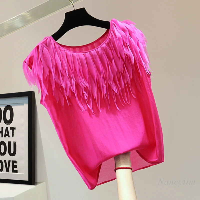 Summer Korean Style Round Neck Straight Solid Color Sleeveless Chiffon Blouse Women's Heavy Work Tassel Splicing Pullover Top
Summer Korean Style Round Neck Straight Solid Color Sleeveless Chiffon Blouse Women's Heavy Work Tassel Splicing Pullover Top