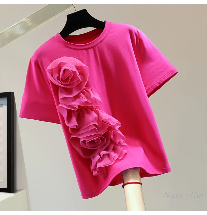 2024 Summer Korean Style T-Shirts Loose Slimming Solid Color Top Exquisite Flowers Round Neck Short Sleeve Straight Stretch Tees
2024 Summer Korean Style T-Shirts Loose Slimming Solid Color Top Exquisite Flowers Round Neck Short Sleeve Straight Stretch Tees