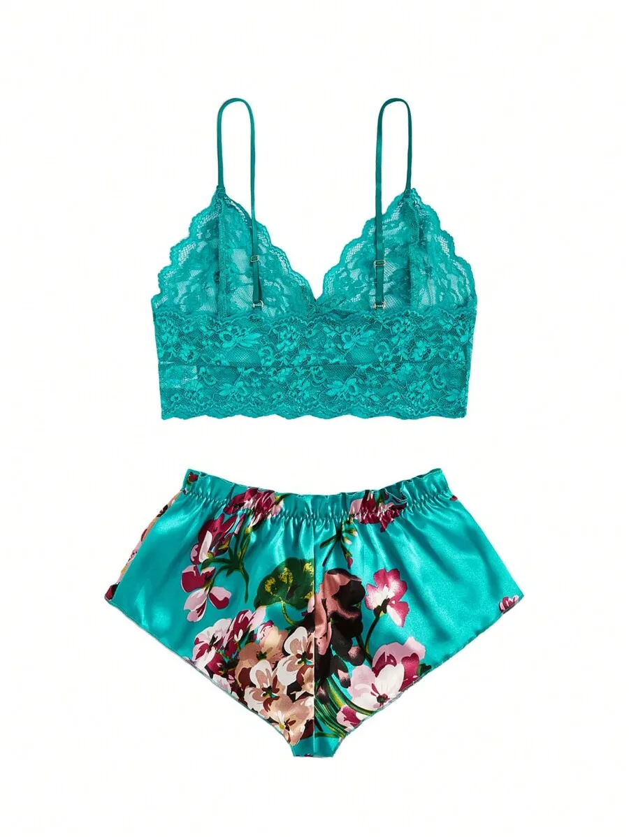 Teal Floral Lace Bralette And Satin Shorts Lingerie Set
Teal Floral Lace Bralette And Satin Shorts Lingerie Set