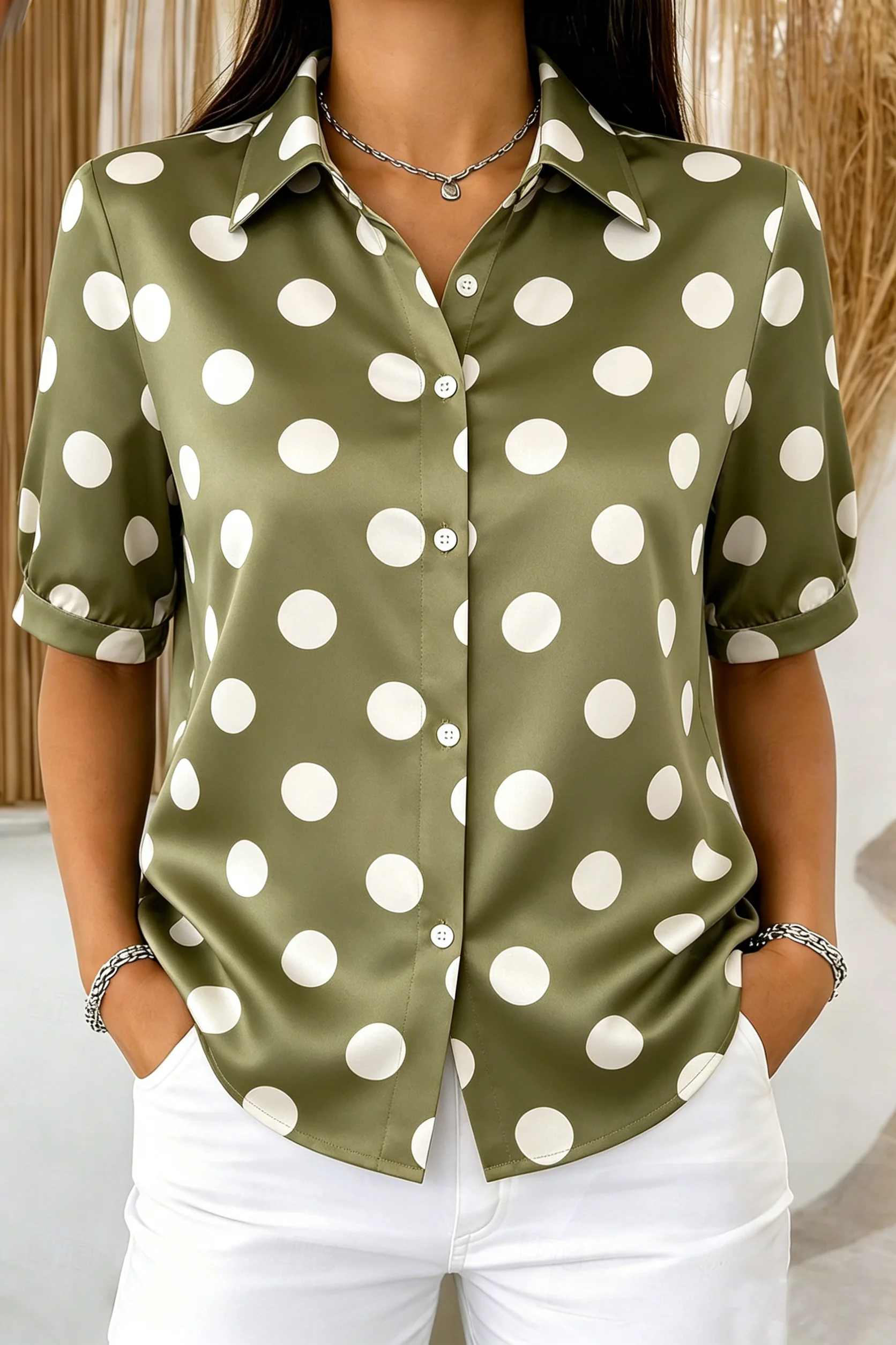 Women's Short Sleeve Lapel Polka Dot Print Button-Up Shirt, Casual Tops for Spring Summer Daily & Office Wear
Women's Short Sleeve Lapel Polka Dot Print Button-Up Shirt, Casual Tops for Spring Summer Daily & Office Wear