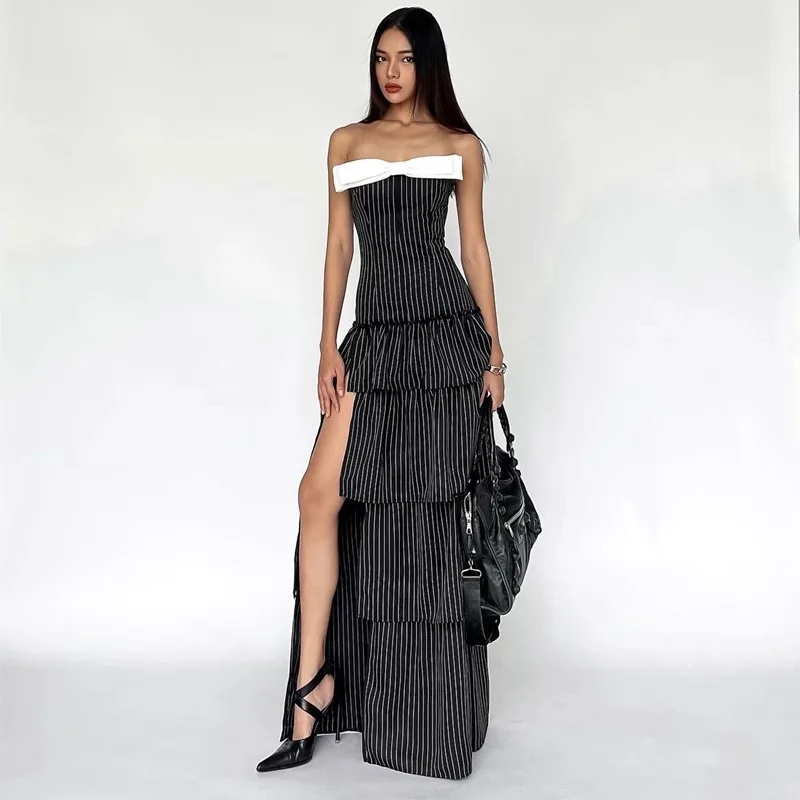 Sexy Striped Tube Dress Long Skirt Mid-Length Multi-Layer Cake Skirt High Slit Summer New Style for Women Polyester Fiber
Sexy Striped Tube Dress Long Skirt Mid-Length Multi-Layer Cake Skirt High Slit Summer New Style for Women Polyester Fiber
