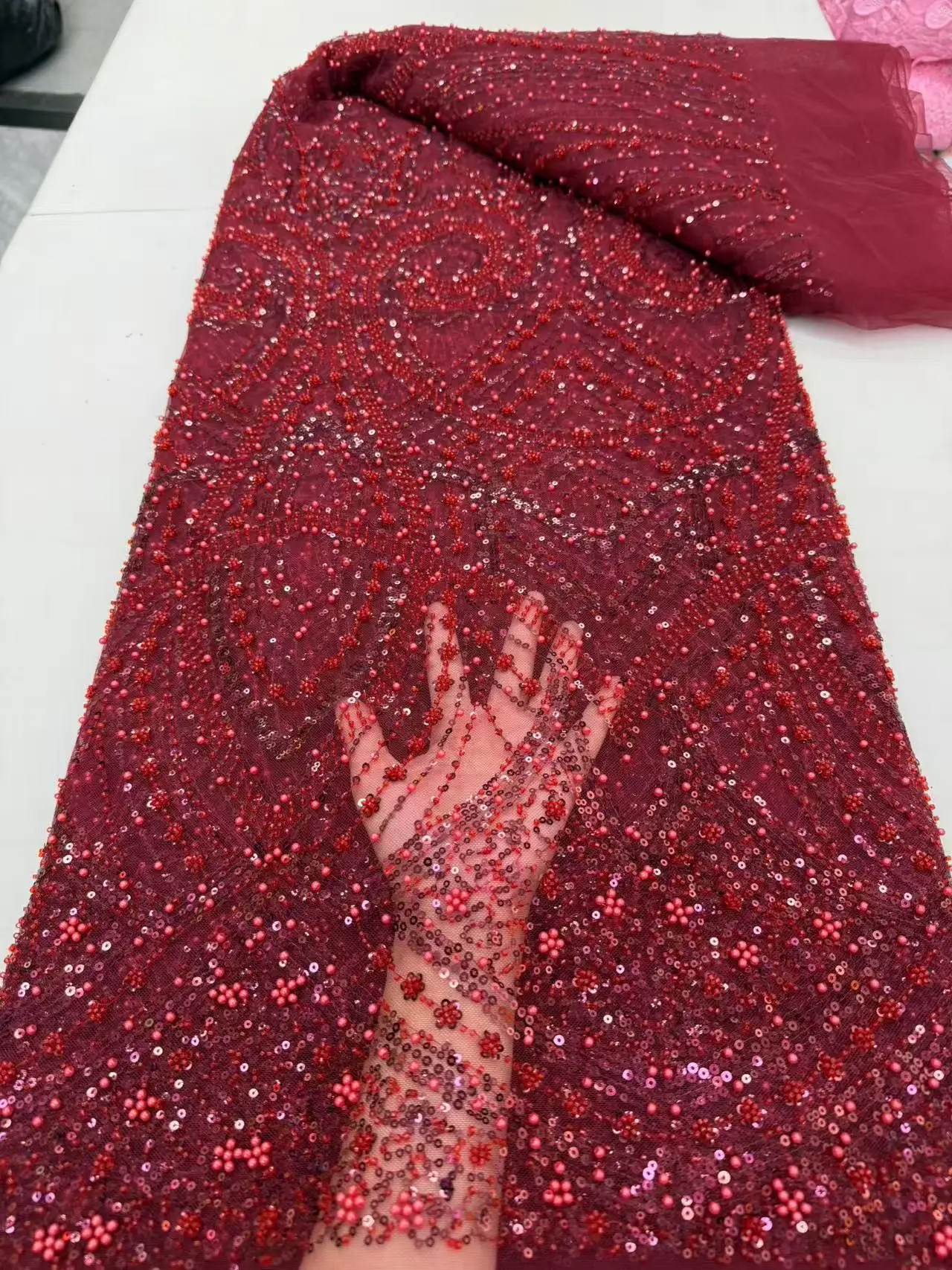 Luxury Nigerian Red Lace Fabrics 2025 High Quality Sequins Beads Lace African Lace Fabric For Wedding Dress French Mesh Lace
Luxury Nigerian Red Lace Fabrics 2025 High Quality Sequins Beads Lace African Lace Fabric For Wedding Dress French Mesh Lace