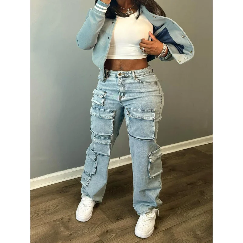 New cross-border European and American women's fashion sexy street style multi-pocket workwear high-elastic denim straight-leg p
New cross-border European and American women's fashion sexy street style multi-pocket workwear high-elastic denim straight-leg p