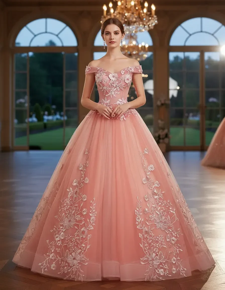 Pink Off Shoulder Sweetheart Ball Gown with Floral Lace Appliques for Quinceañera Prom Wedding Evening Party
Pink Off Shoulder Sweetheart Ball Gown with Floral Lace Appliques for Quinceañera Prom Wedding Evening Party