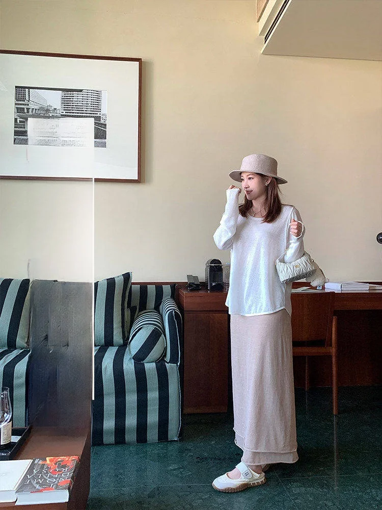 Белая льняная вязаная юбка и вязаный топ молочно-чайного цвета, повседневный свободный крой, длинный рукав, круглый вырез, стандартная длина
Белая льняная вязаная юбка и вязаный топ молочно-чайного цвета, повседневный свободный крой, длинный рукав, круглый вырез, стандартная длина