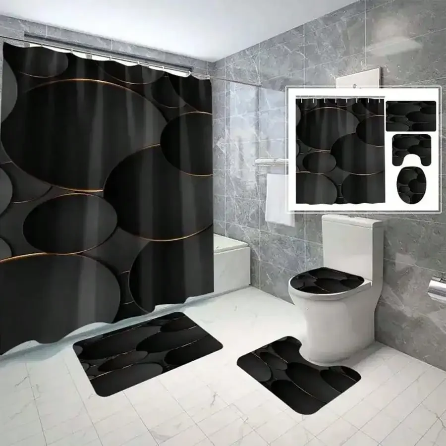 4 Pieces Black & Gold Geometric Pattern Bathroom Set, Waterproof Polyester Shower Curtain And Rug, Floral Cartoon Theme, Suitable For All Holidays, All Season, Hand Wash Only, Includes 12 Plastic Hooks Home Bathroom Decor Summer
4 Pieces Black & Gold Geometric Pattern Bathroom Set, Waterproof Polyester Shower Curtain And Rug, Floral Cartoon Theme, Suitable For All Holidays, All Season, Hand Wash Only, Includes 12 Plastic Hooks Home Bathroom Decor Summer