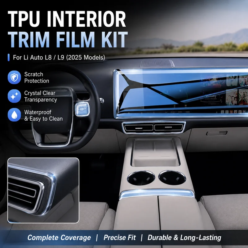 TPU Interior Trim Film Kit for Li Auto L8 and L9 (2025 Models) - Dashboard, Center Console, AC Vents, Gear Shift Cover
TPU Interior Trim Film Kit for Li Auto L8 and L9 (2025 Models) - Dashboard, Center Console, AC Vents, Gear Shift Cover