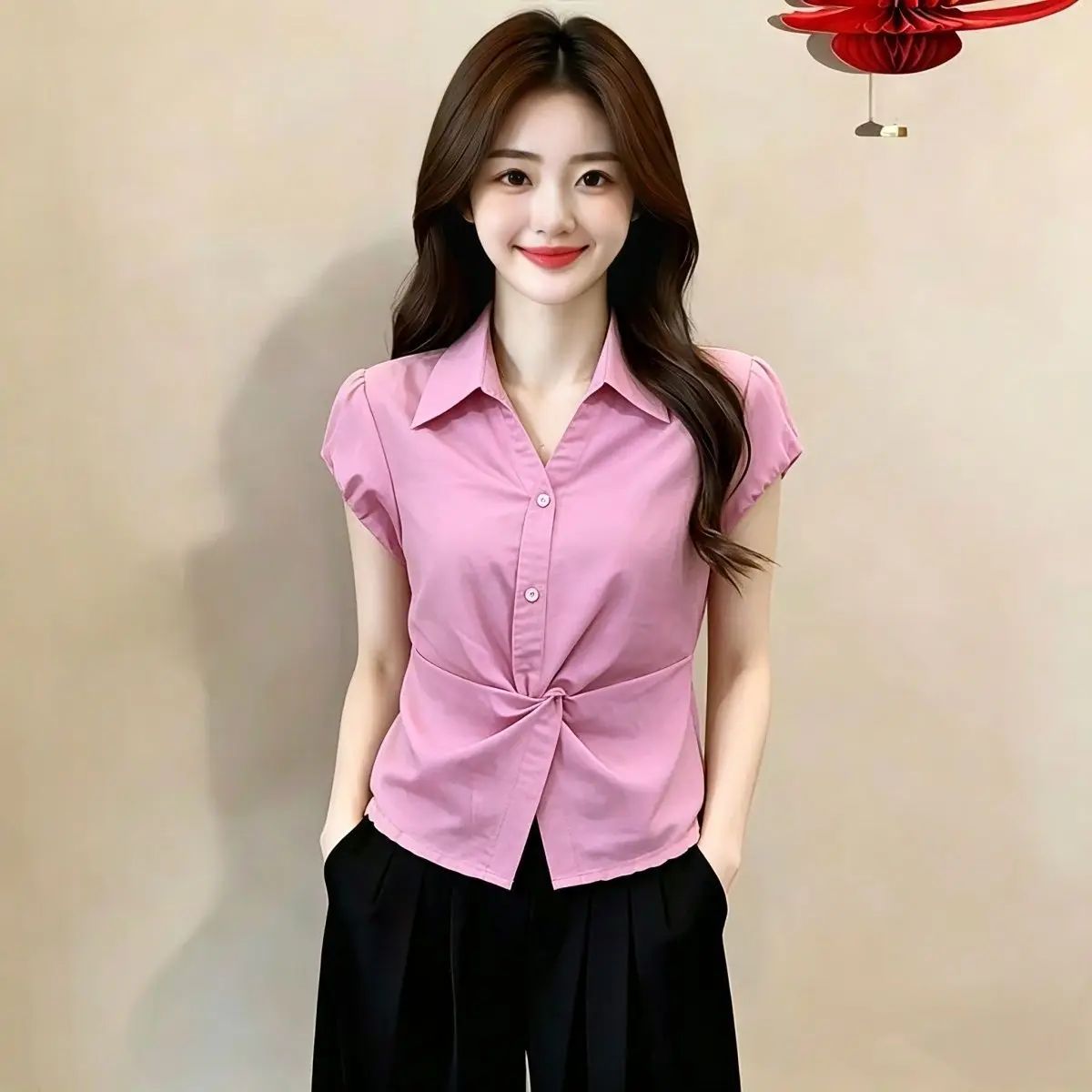 Summer Slimming Casual Shirt Short Sleeve Knot Waist Flip Collar Cover Belly Top Women's Fashion Design Polyester Fiber
Summer Slimming Casual Shirt Short Sleeve Knot Waist Flip Collar Cover Belly Top Women's Fashion Design Polyester Fiber