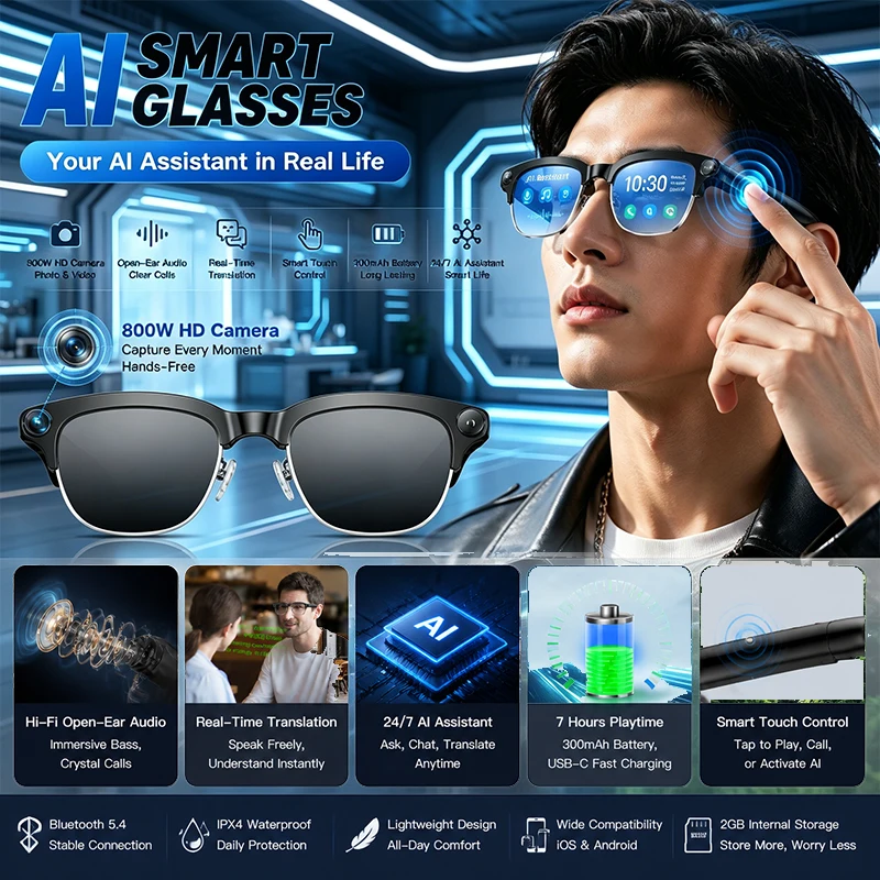 New AI Smart Glasses 800W HD Camera Video Recording Real-time Translation AI Voice Assistant Recording Dual Speakers Sunglasses
New AI Smart Glasses 800W HD Camera Video Recording Real-time Translation AI Voice Assistant Recording Dual Speakers Sunglasses