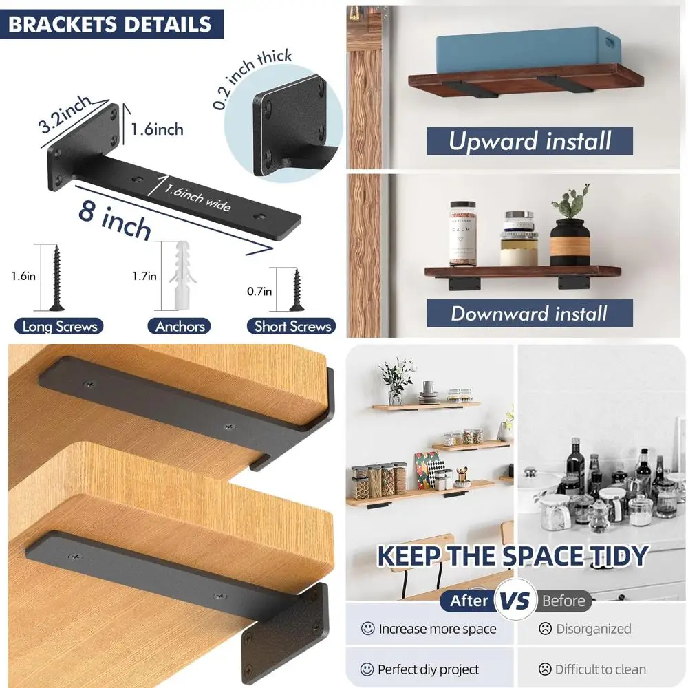 8-Pack 8 Heavy-Duty Black Metal L-Brackets for Floating Shelves, 1/5 Thick DIY Support
8-Pack 8 Heavy-Duty Black Metal L-Brackets for Floating Shelves, 1/5 Thick DIY Support