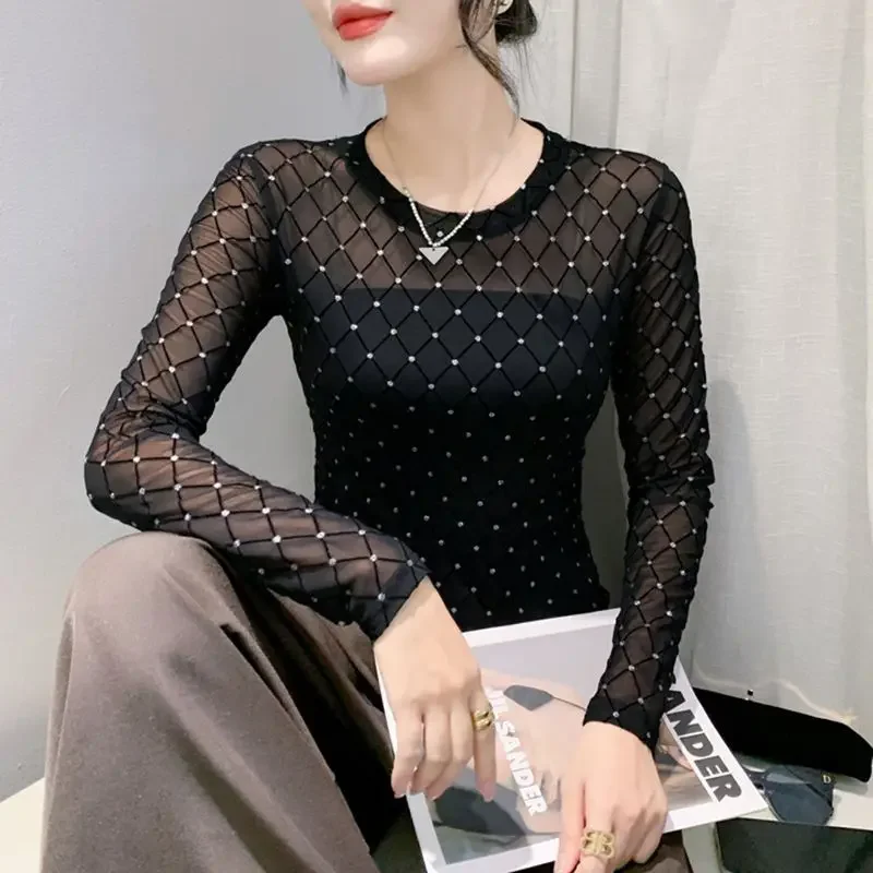 Women Clothing Spring Autumn Korean Fashion Sexy See Through Mesh Rhinestone Basic T Shirt Elegant O Neck Long Sleeve Slim Tops
Women Clothing Spring Autumn Korean Fashion Sexy See Through Mesh Rhinestone Basic T Shirt Elegant O Neck Long Sleeve Slim Tops