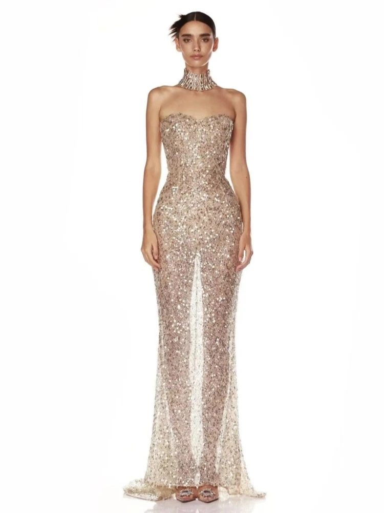 Sexy Strapless Embroidery Sparkling Sequins Long Dress Women Sleeveless Luxury Beaded Slim Dresses Evening Party Runway Gowns
Sexy Strapless Embroidery Sparkling Sequins Long Dress Women Sleeveless Luxury Beaded Slim Dresses Evening Party Runway Gowns