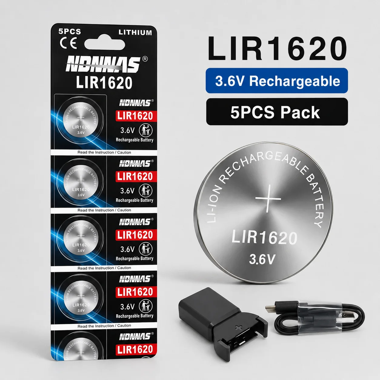 LIR1620 3.6V 30mAh Rechargeable Lithium Button Battery Equivalent CR1620 With USB Charger Cable for Car Key Watch Remote Control
LIR1620 3.6V 30mAh Rechargeable Lithium Button Battery Equivalent CR1620 With USB Charger Cable for Car Key Watch Remote Control