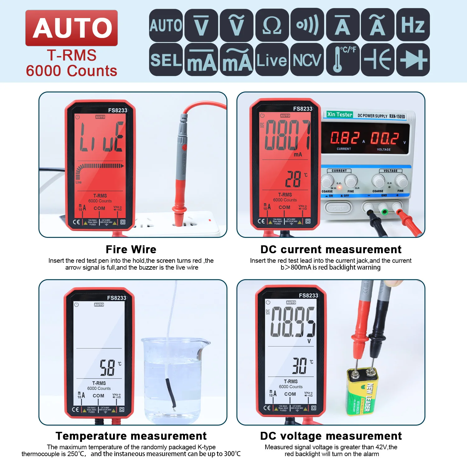 Xin Tester Smart Digital Multimeter Testers 6000 Counts True RMS Auto Electrical Capacitance Temp Resistance Meter FS8233
Xin Tester Smart Digital Multimeter Testers 6000 Counts True RMS Auto Electrical Capacitance Temp Resistance Meter FS8233