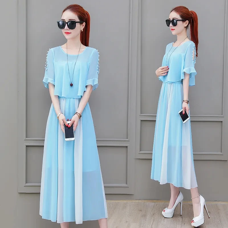 Elegant Beading Flare Sleeve Fake Two Pieces Chiffon Midi Dress Women Clothing Summer New Loose Off Shoulder Ladies DressesA1341
Elegant Beading Flare Sleeve Fake Two Pieces Chiffon Midi Dress Women Clothing Summer New Loose Off Shoulder Ladies DressesA1341