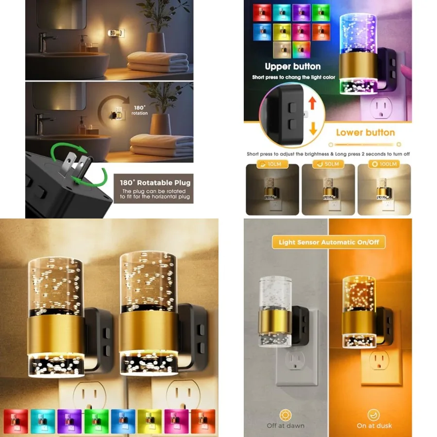 Night Lights Plug into wall, Color Changing Night Light with Rotatable Plug, Dusk to Dawn Light Sensor and Adjustable Brightnes
Night Lights Plug into wall, Color Changing Night Light with Rotatable Plug, Dusk to Dawn Light Sensor and Adjustable Brightnes