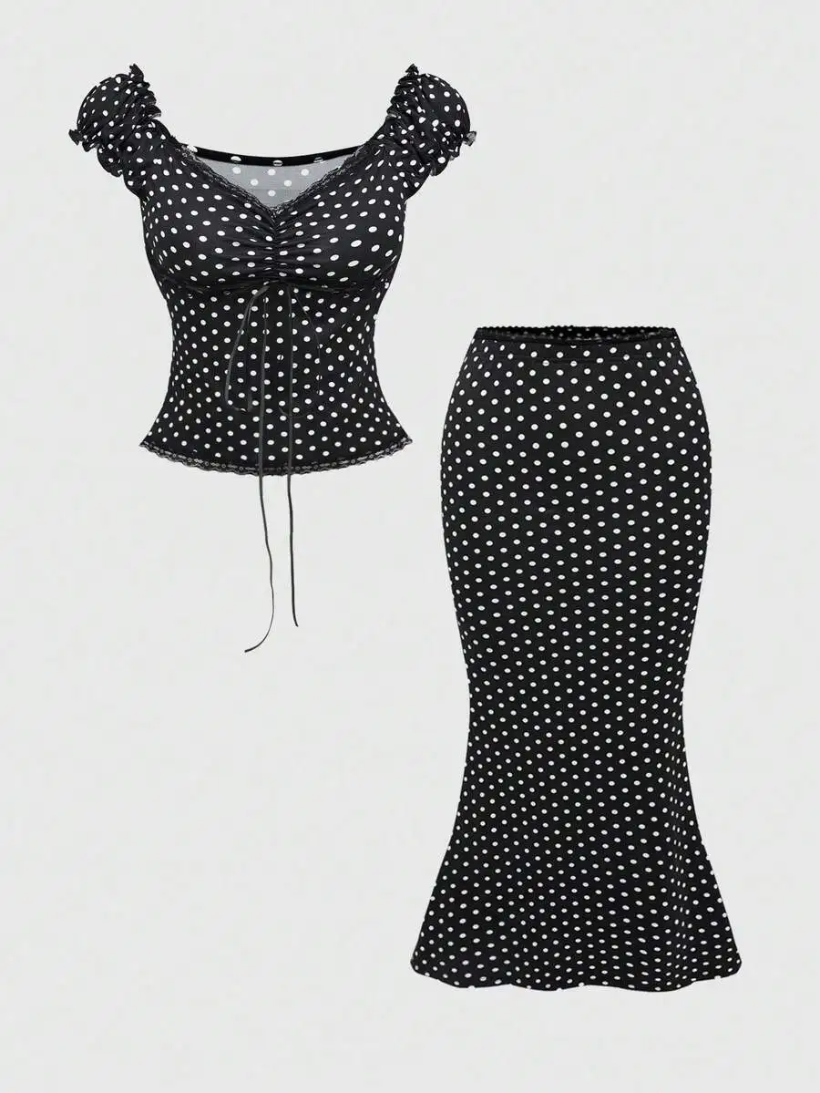 ROMWE Kawaii Summer Outfits For Women: V-Neck Bowknot Decor Contrast Polka Dot Lace Patchwork Slimming 2-Piece Set, Top + Skirt
ROMWE Kawaii Summer Outfits For Women: V-Neck Bowknot Decor Contrast Polka Dot Lace Patchwork Slimming 2-Piece Set, Top + Skirt