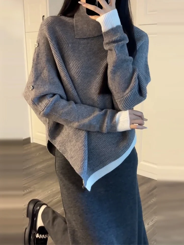 Warmth Knitted Batwing High Collar Sweater for Women Autumn Winter Slimming Meat Concealing Top Asymmetrical Design Sweet Sle
Warmth Knitted Batwing High Collar Sweater for Women Autumn Winter Slimming Meat Concealing Top Asymmetrical Design Sweet Sle