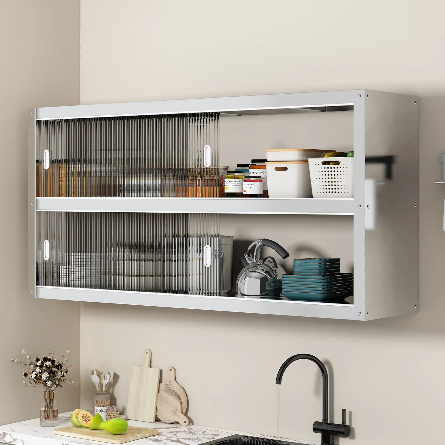 Stainless Steel Wall Mounted Shelf with Sliding Door Kitchen Storage Cabinet for Dishes
Stainless Steel Wall Mounted Shelf with Sliding Door Kitchen Storage Cabinet for Dishes