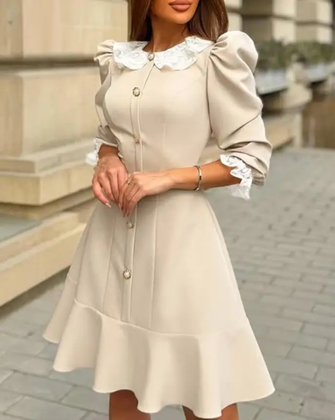 Lace collar fluffy sleeves lace border waistband A-line dress button front pleated party dress autumn new women's clothing
Lace collar fluffy sleeves lace border waistband A-line dress button front pleated party dress autumn new women's clothing