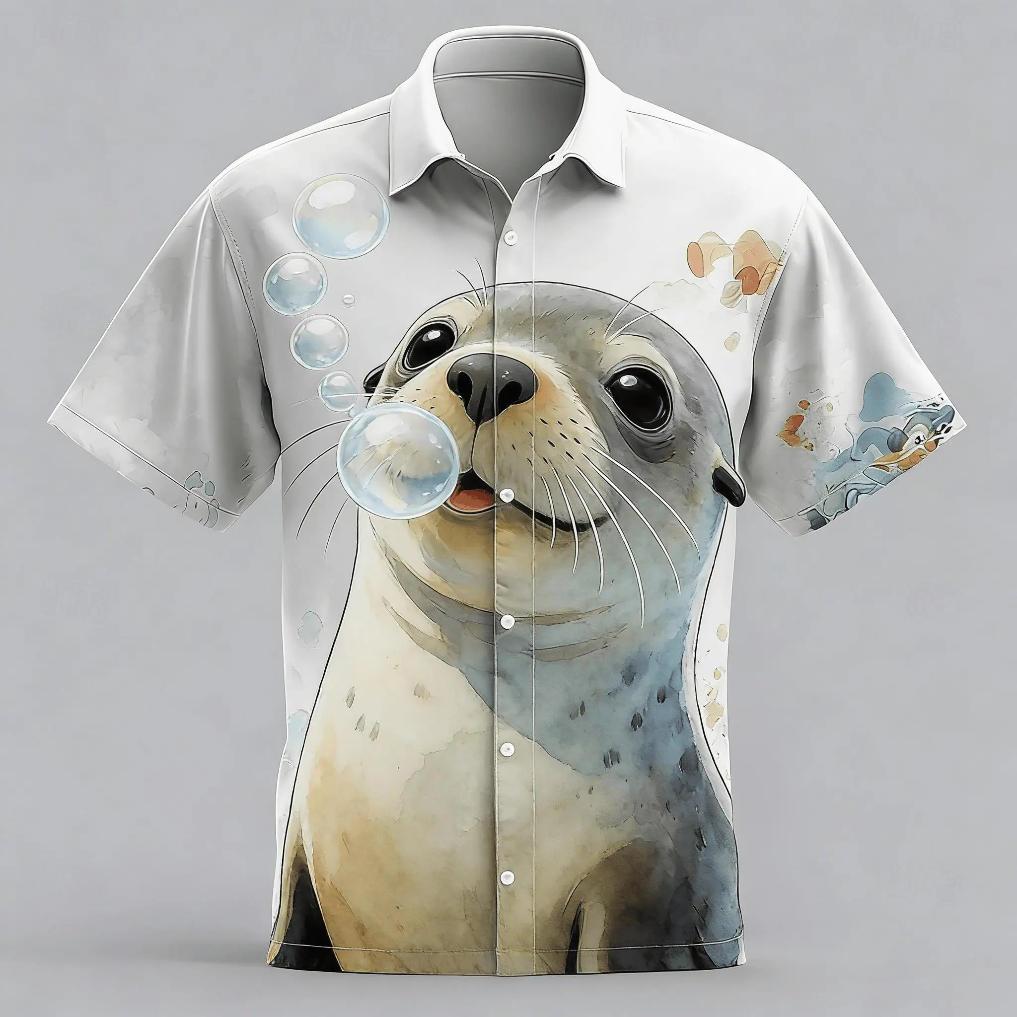 Men's Watercolor Print Short Sleeve Shirt, Cute Bubble Blowing Seal Casual Button Down for Spring Summer Beach Vacation
Men's Watercolor Print Short Sleeve Shirt, Cute Bubble Blowing Seal Casual Button Down for Spring Summer Beach Vacation