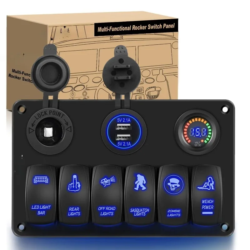 6 Gang Rocker Switch Panel Laser Etched Aluminum LED Light Bar with Cigarette Lighter and Dual USB Charger Voltmeter for
6 Gang Rocker Switch Panel Laser Etched Aluminum LED Light Bar with Cigarette Lighter and Dual USB Charger Voltmeter for