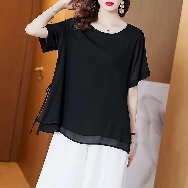 Loose Black Chiffon Top Women's Summer round Neck Short Sleeve Mommy Style Fashionable Cover Belly Breathable Comfortable T-s...
Loose Black Chiffon Top Women's Summer round Neck Short Sleeve Mommy Style Fashionable Cover Belly Breathable Comfortable T-s...