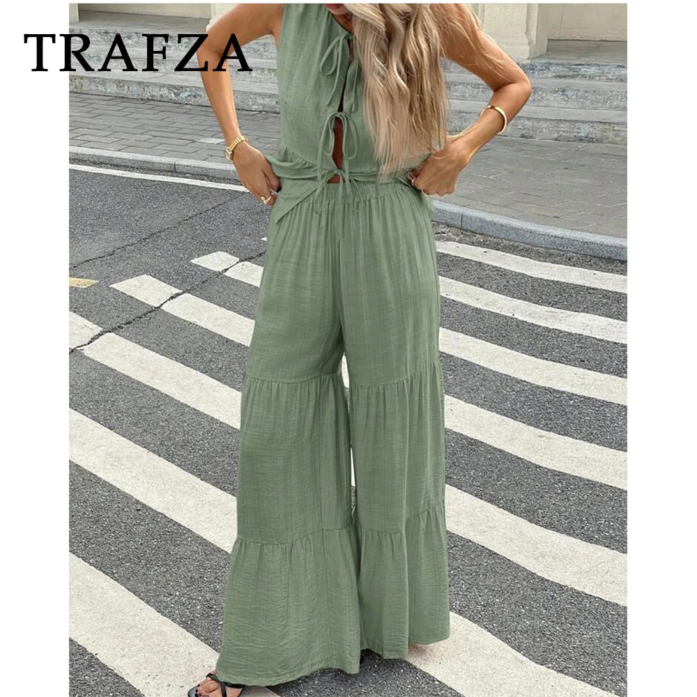 TRAFZA Chic Woman Casual Green Suits Sleeveless Sexy Lace Tops+High Waist Flare Leg Long Pants Elegant Summer Holiday Mujer Sets
TRAFZA Chic Woman Casual Green Suits Sleeveless Sexy Lace Tops+High Waist Flare Leg Long Pants Elegant Summer Holiday Mujer Sets