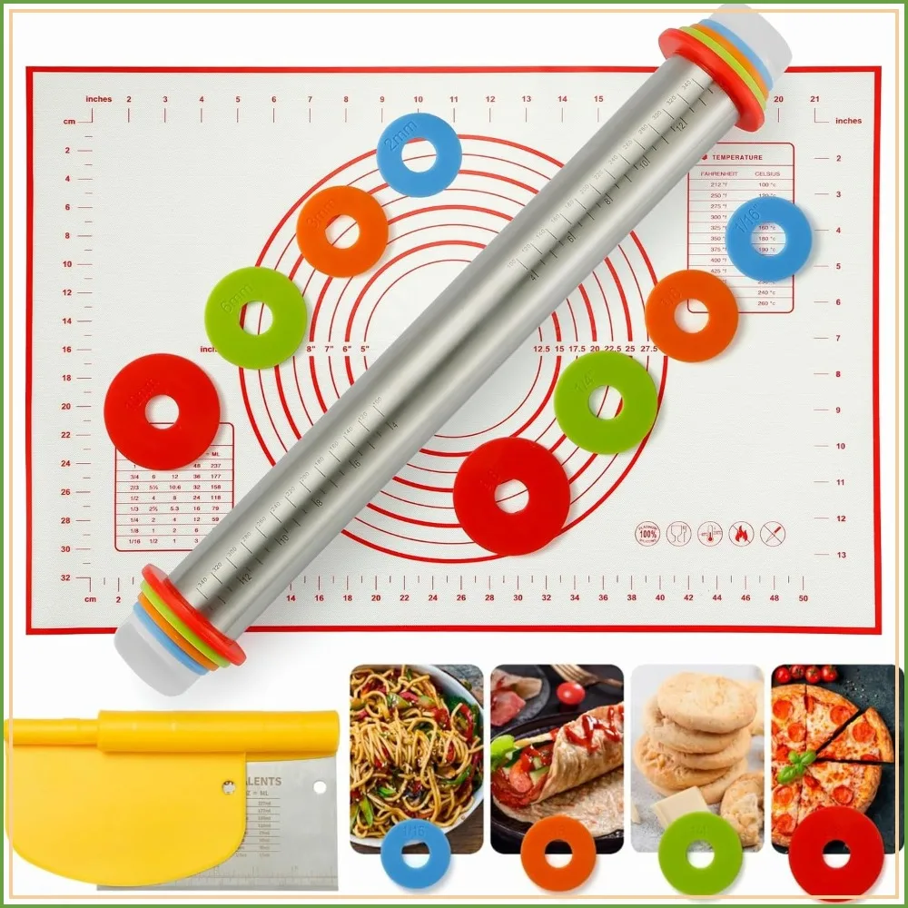 Rolling Pin Set with Thickness Rings, Silicone Mat & Bench Scraper - Stainless Steel Dough Roller for Baking Pizza, Cookies, Pie, Pasta
Rolling Pin Set with Thickness Rings, Silicone Mat & Bench Scraper - Stainless Steel Dough Roller for Baking Pizza, Cookies, Pie, Pasta