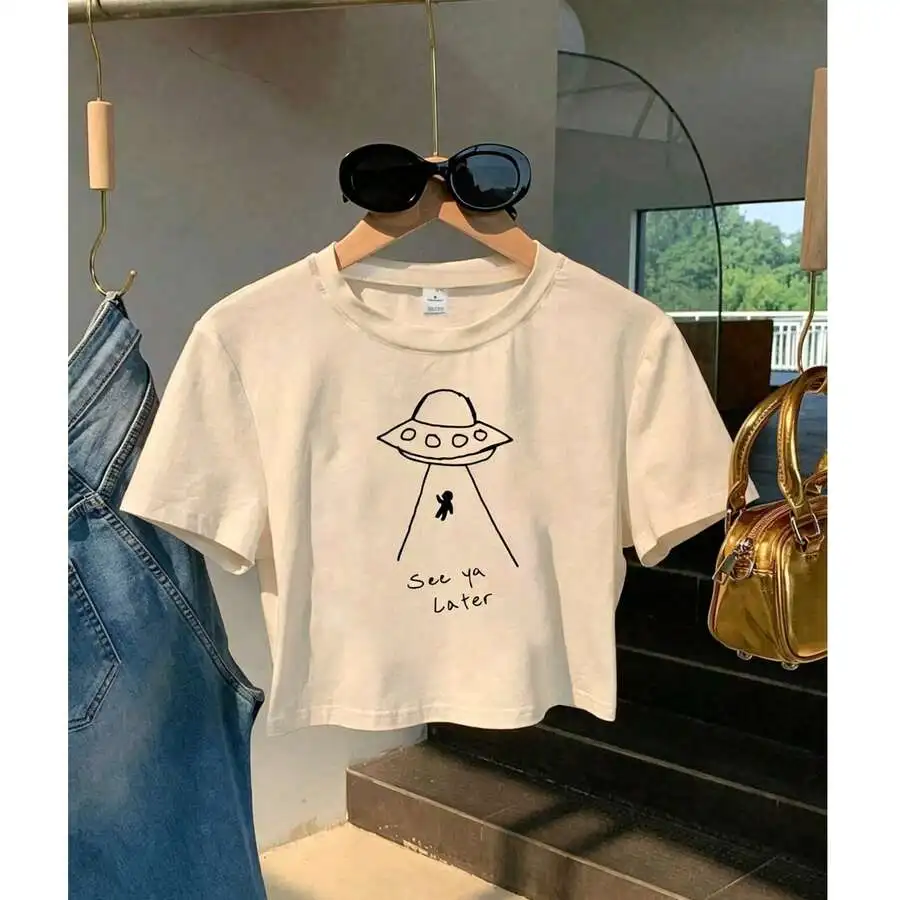 Womens Boxy Cropped T-Shirt With UFO Graphic Print See Ya Later
Womens Boxy Cropped T-Shirt With UFO Graphic Print See Ya Later