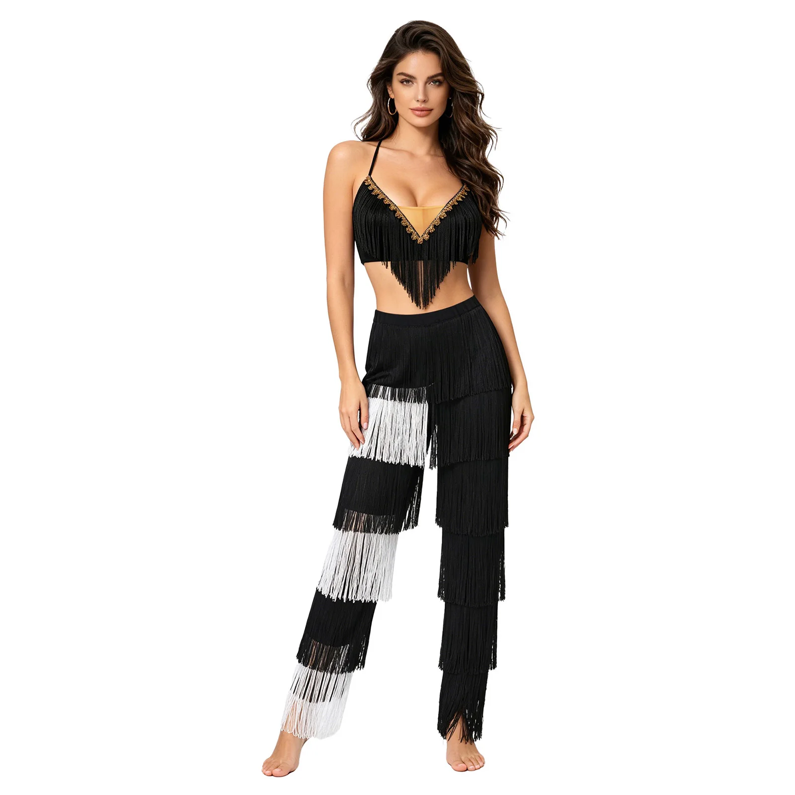 Women Tassel Latin Dance Outfit Halter Crop Top with Pants 70s Disco Cha-cha Tango Belly Dancing Costume for Halloween Carnival
Women Tassel Latin Dance Outfit Halter Crop Top with Pants 70s Disco Cha-cha Tango Belly Dancing Costume for Halloween Carnival