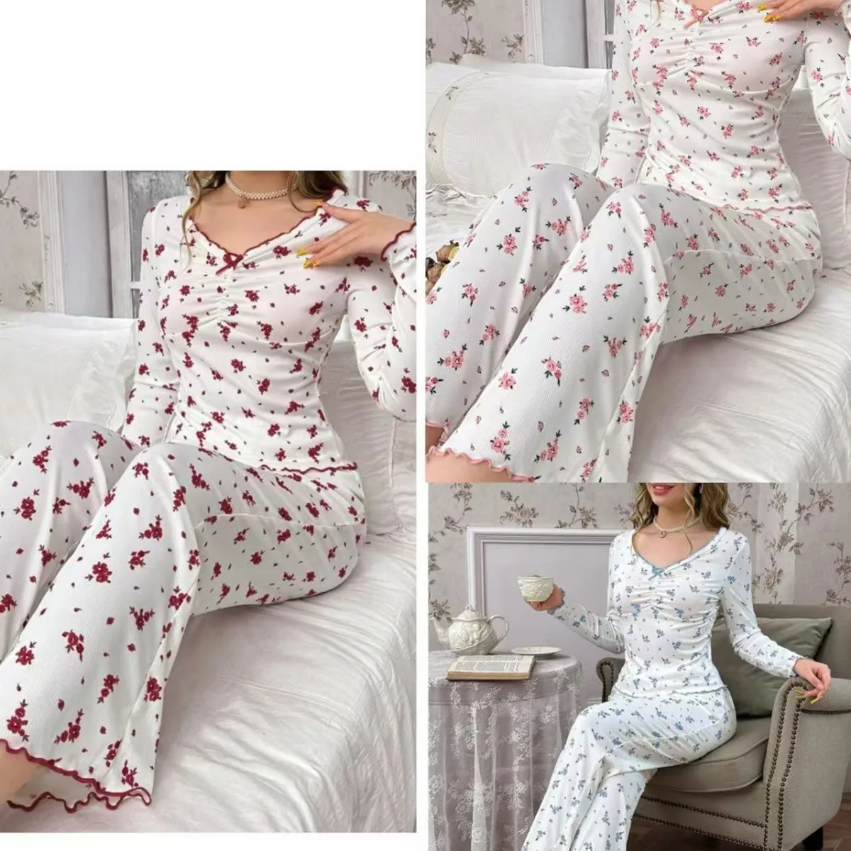 Three sets of summer outfits for women sweet color pajamas women's suit spring and autumn new European and American style flower V-neck long-sleeved trousers loungewear two sets can be going out outfits pants sets
Three sets of summer outfits for women sweet color pajamas women's suit spring and autumn new European and American style flower V-neck long-sleeved trousers loungewear two sets can be going out outfits pants sets