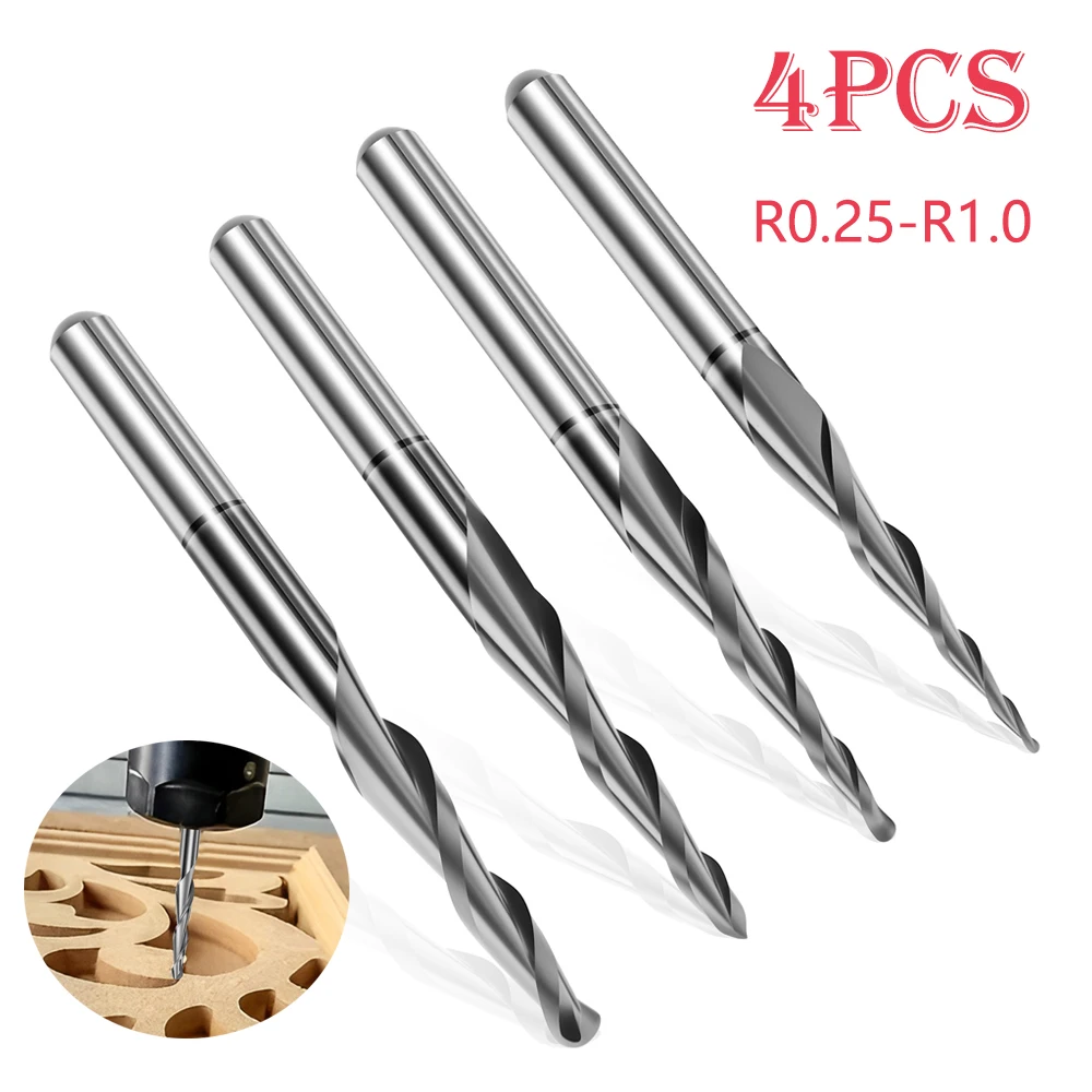 4Pcs End Mill Bit Set High Hardness Tungsten Steel Ball Nose End Mill Double Flute Spiral Milling Tool for Carving Engraving
4Pcs End Mill Bit Set High Hardness Tungsten Steel Ball Nose End Mill Double Flute Spiral Milling Tool for Carving Engraving