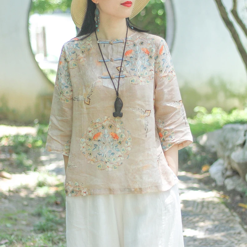 Summer Cotton Linen irt Women's Ethnic Print Button up Blouse Seven Sve round Ne Loose Fit Commute Sle Floral irt
Summer Cotton Linen irt Women's Ethnic Print Button up Blouse Seven Sve round Ne Loose Fit Commute Sle Floral irt