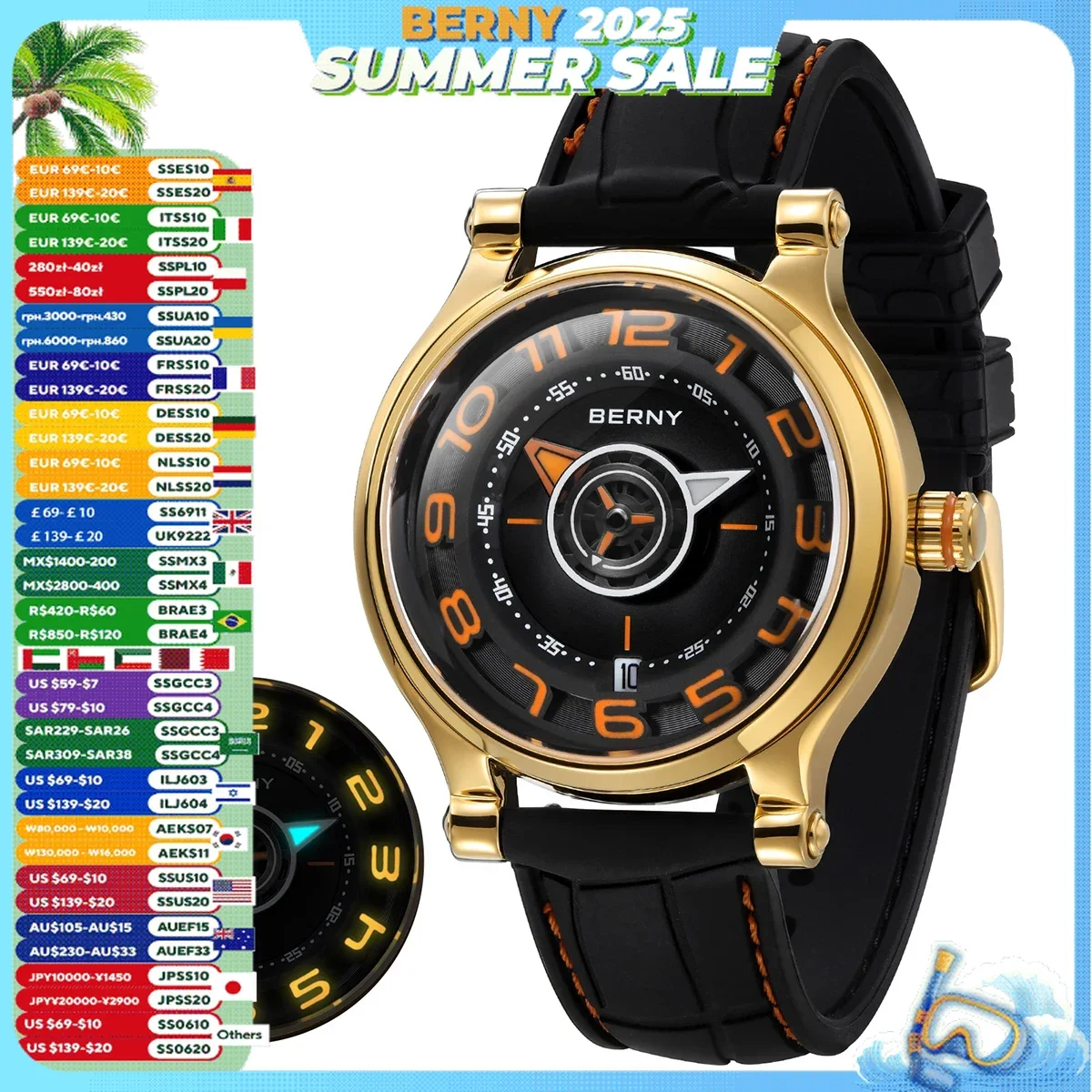 BERNY Mechanical Men Wristwatch Sapphire Miyota 8215 Multifunction Super Luminous Compass Tire Dial Watch Cool Play Men Watches
BERNY Mechanical Men Wristwatch Sapphire Miyota 8215 Multifunction Super Luminous Compass Tire Dial Watch Cool Play Men Watches