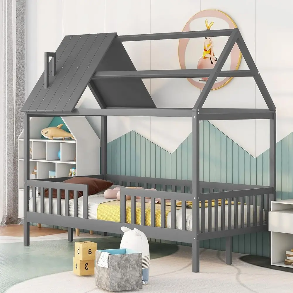 Gray Twin Size Wooden Cabin-Style Playhouse Bed with Rails for Kids and Toddlers
Gray Twin Size Wooden Cabin-Style Playhouse Bed with Rails for Kids and Toddlers