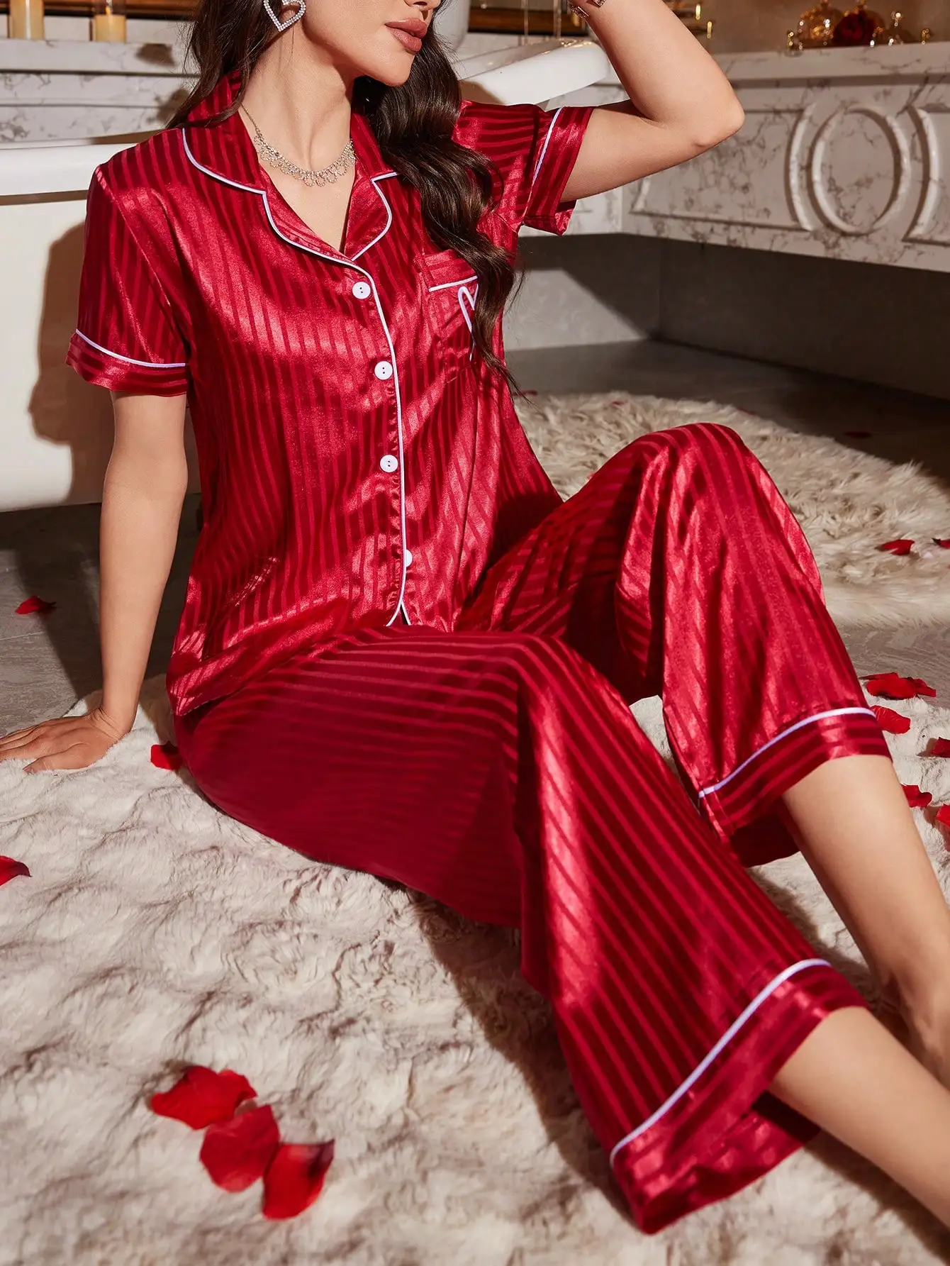 Red Satin Striped Pajama Set with White Trim, Short Sleeve Top & Pants, Heart Embroidery, Bridal Lingerie Style
Red Satin Striped Pajama Set with White Trim, Short Sleeve Top & Pants, Heart Embroidery, Bridal Lingerie Style