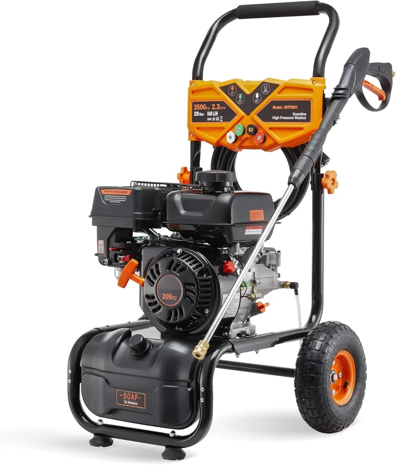 Gas Pressure Washer, 3500PSI 2.3GPM High Pressure Washer with 4 Quick Connect Nozzle Set, 25ft High Pressure Hose and 3L Soap
Gas Pressure Washer, 3500PSI 2.3GPM High Pressure Washer with 4 Quick Connect Nozzle Set, 25ft High Pressure Hose and 3L Soap